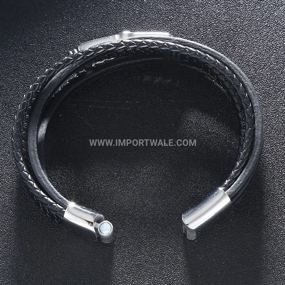 Layered Leather Cord Men Bracelet featuring Stainless Steel Accents