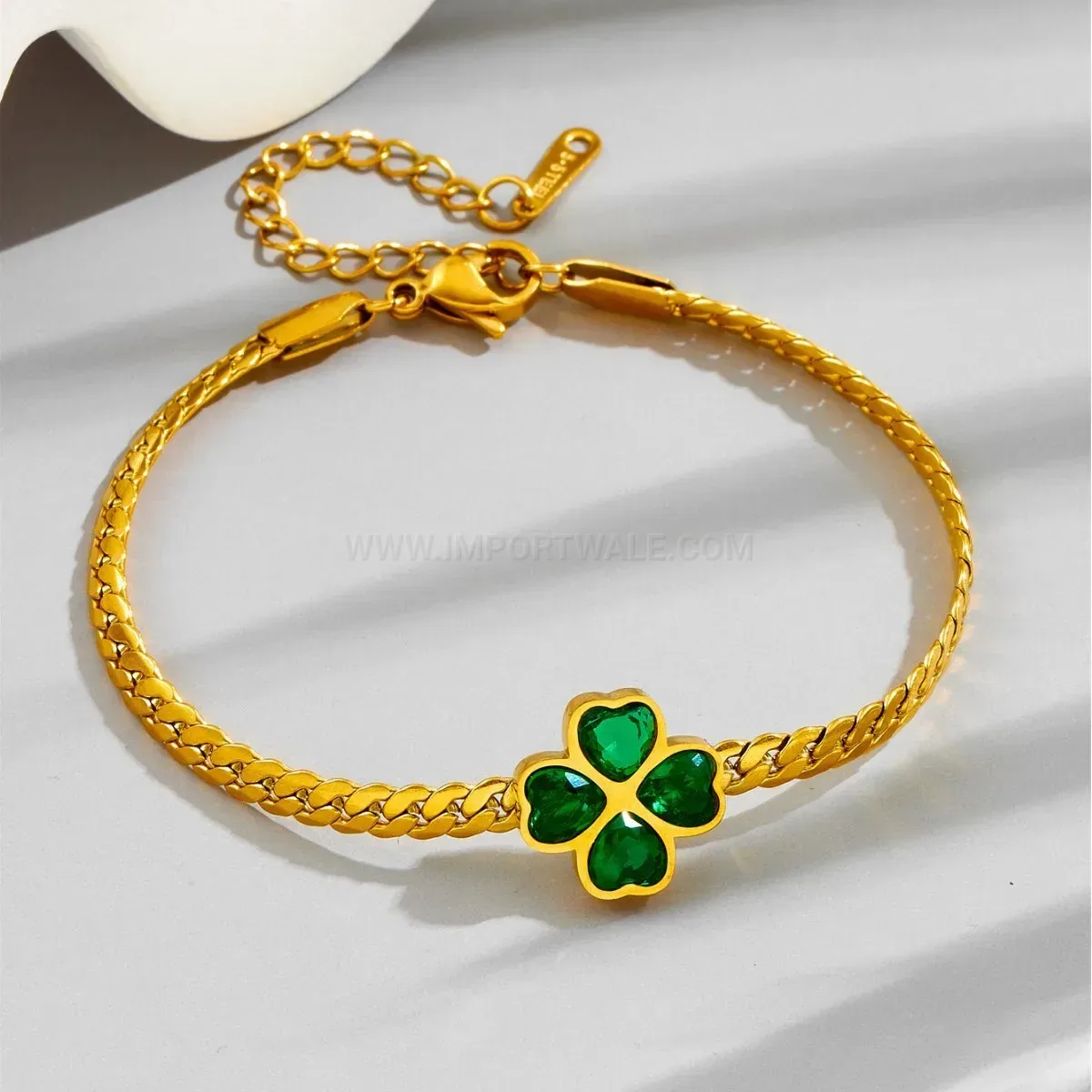 Emerald Zircon Heart Four Leaf Clover Titanium Steel Jewelry Set
