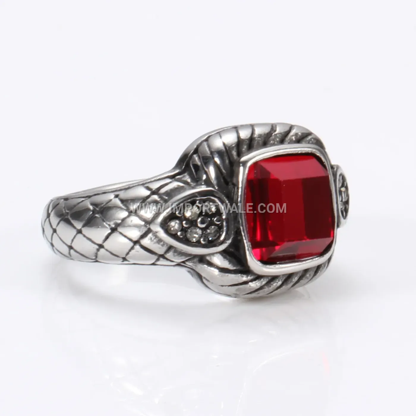 Vintage Snake Texture Stainless Steel Red Glass Ring