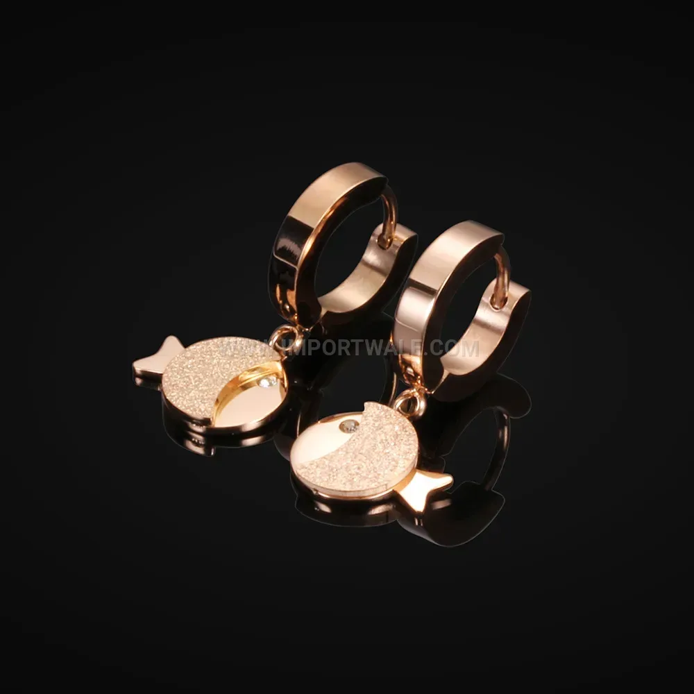 Rose Gold Frosted Stainless Steel Fish Hoop Earrings