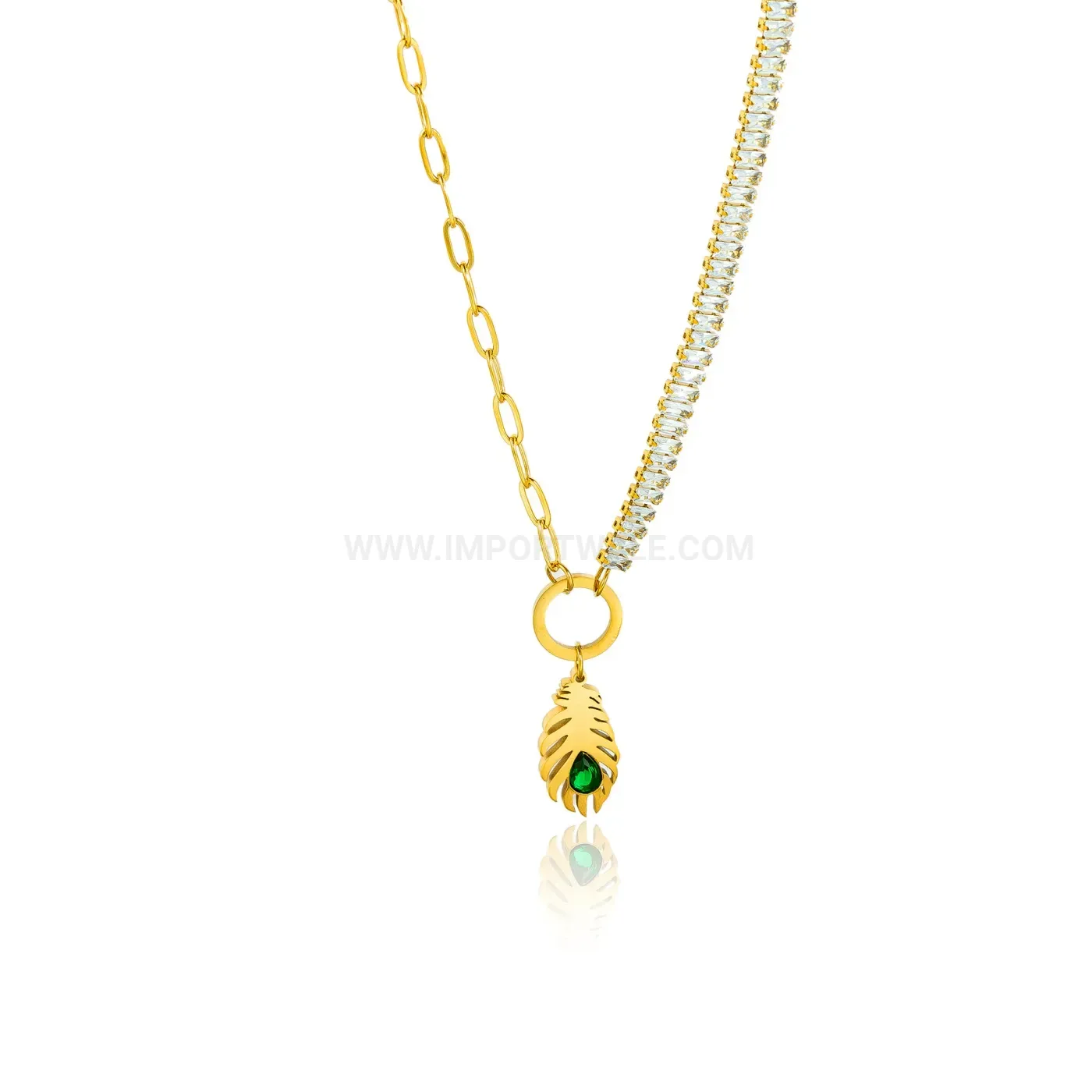 Trendy Gold Plated Feather Pendant Necklace with Green Crystal Accent
