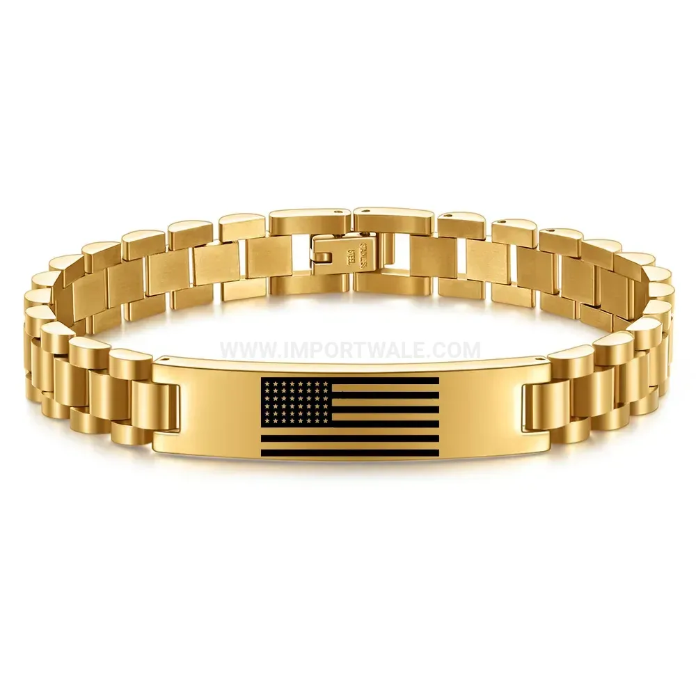 Stainless Steel US Flag Heart Engraved Link Bracelet