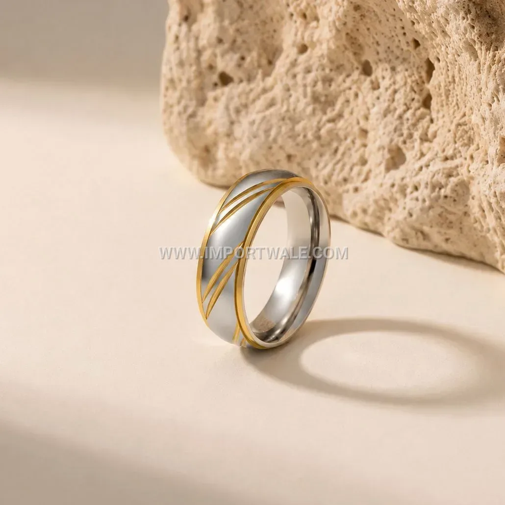 Two-Tone Stainless Steel Slanted Channel Cubic Zirconia Band Ring