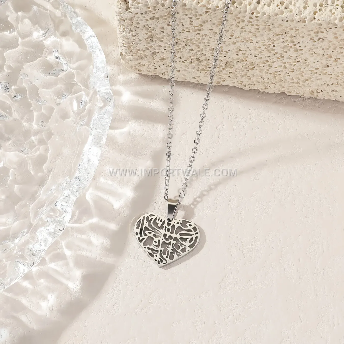 Stainless Steel Heart Pendant Necklace with Arabic Calligraphy