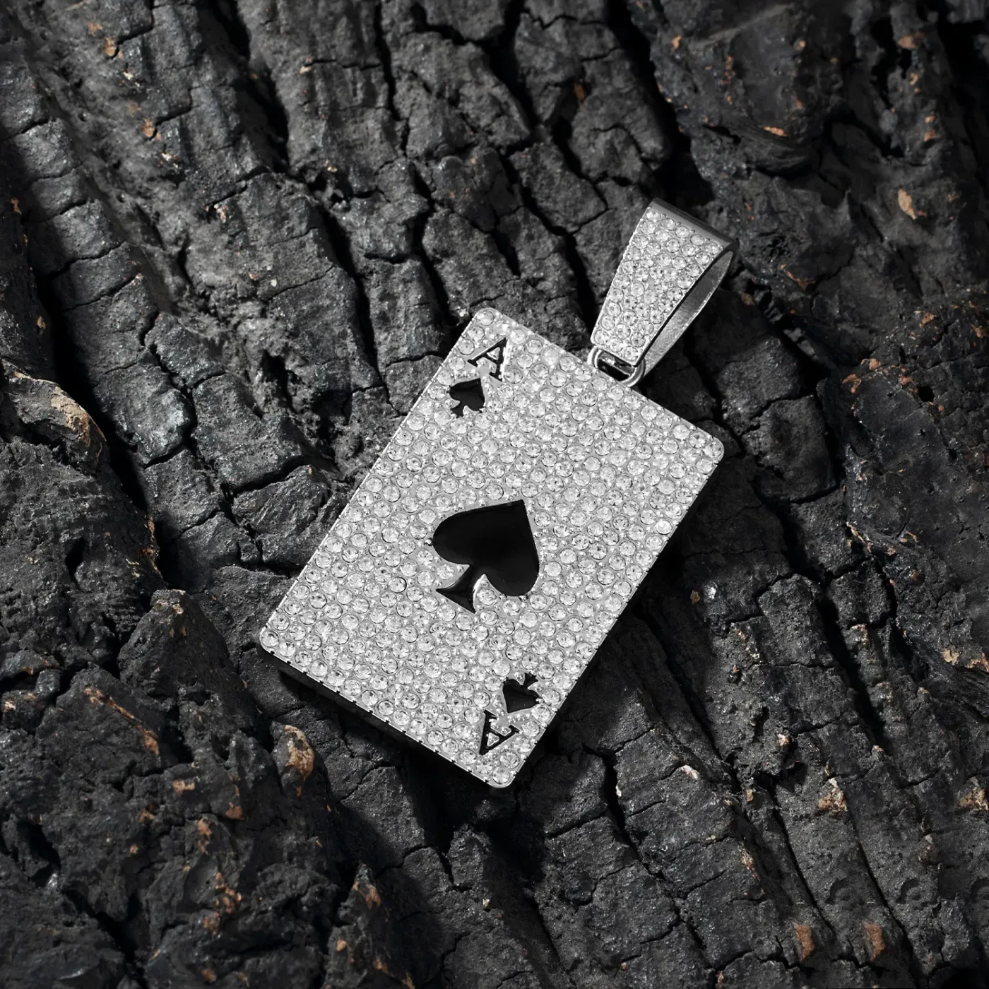 Rhinestone Ace of Spades Playing Card Cuban Link Pendant