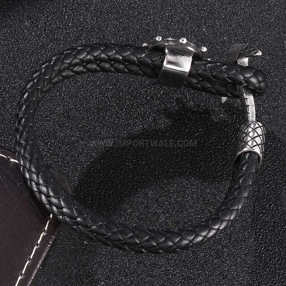 Braided Leather Anchor Charm Stainless Steel Cuff Bracelet