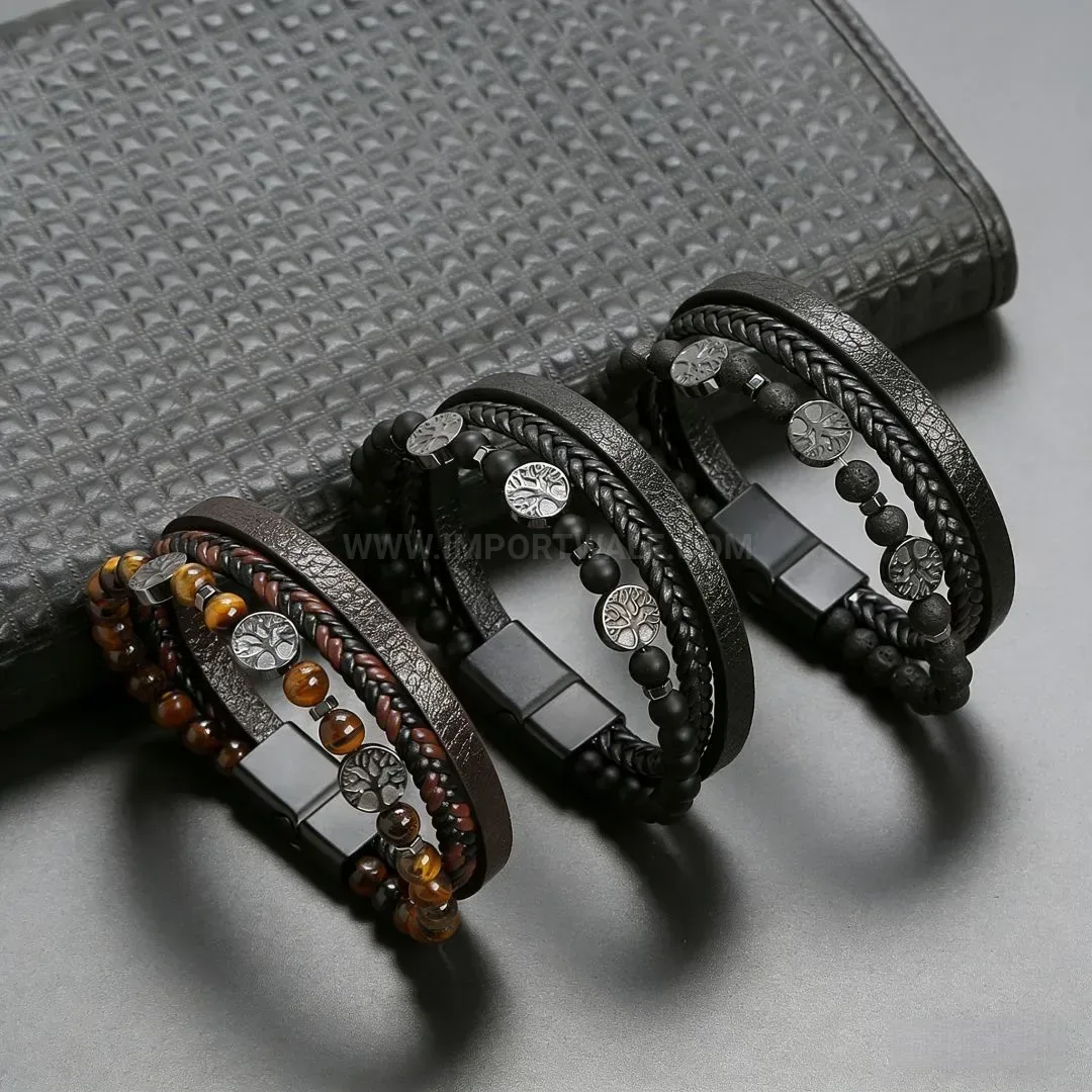 Elegant Tree of Life Natural Stone Beaded Leather Magnetic Bracelet