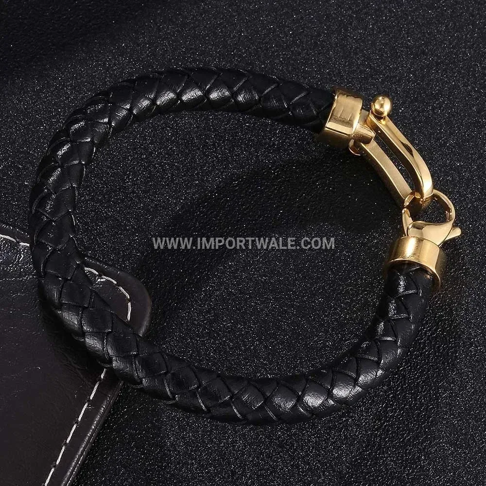 Woven Leather Horseshoe Clasp Bracelet with Stainless Steel Details