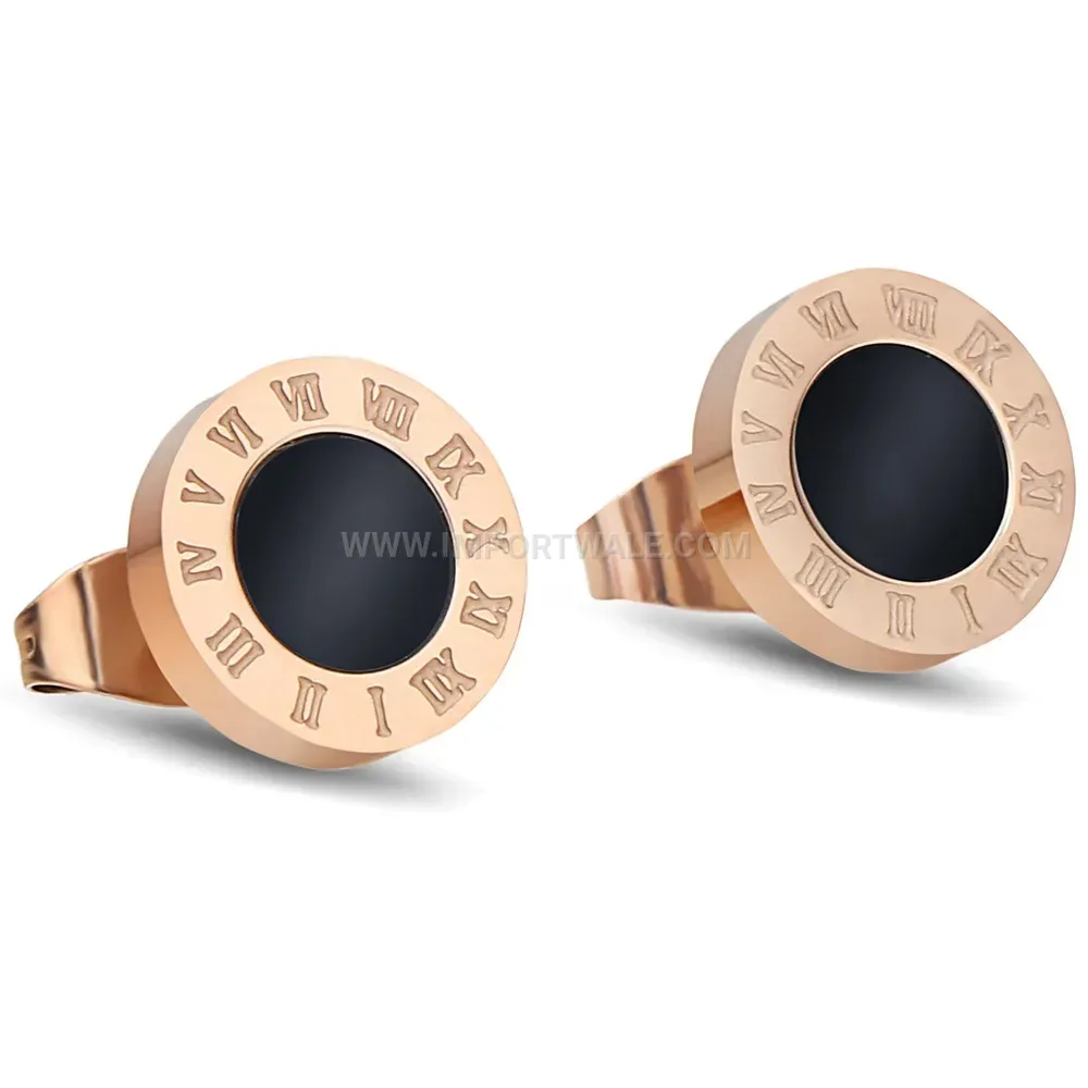 Stainless Steel Roman Numeral Round Stud Earrings with Shell Accent