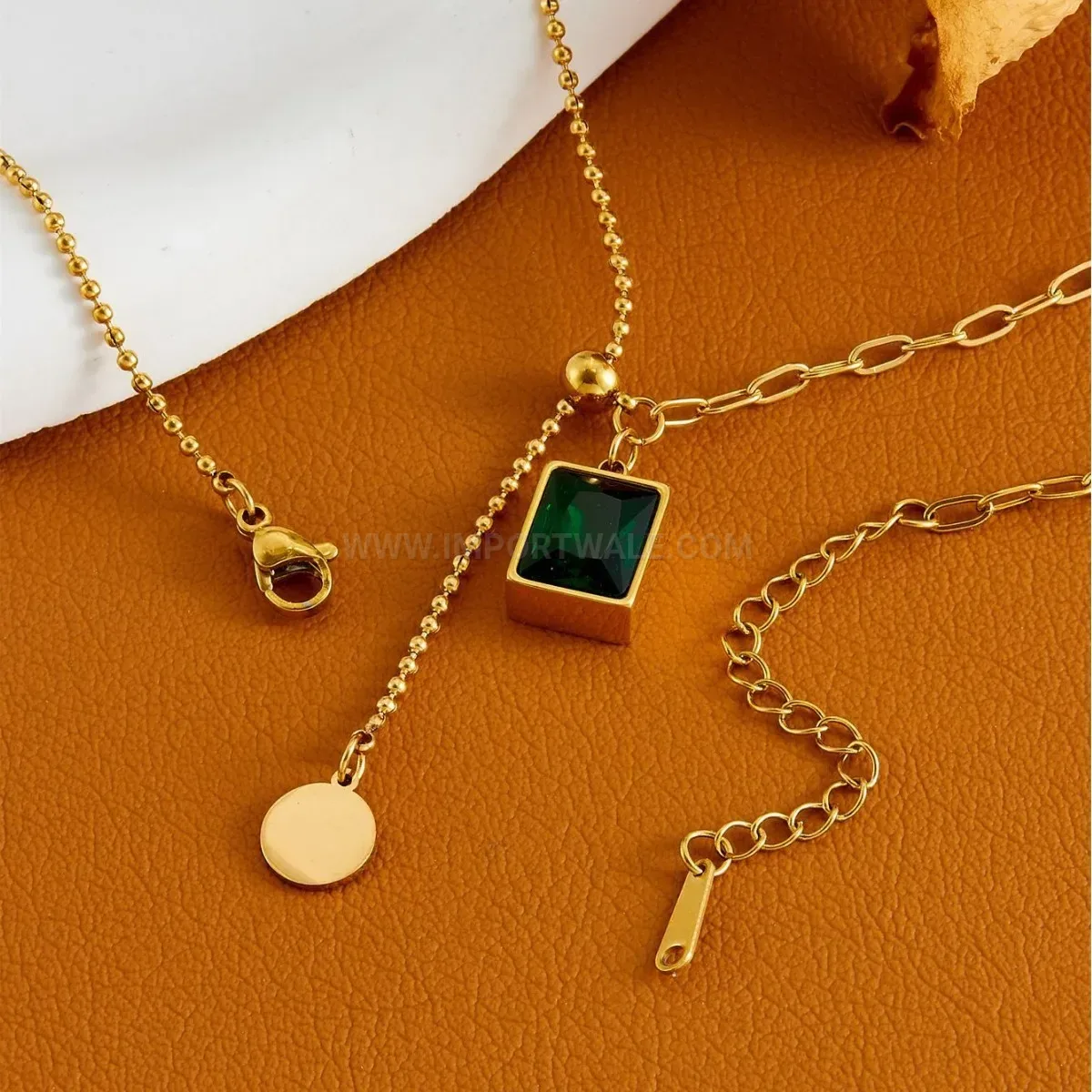 Chic Adjustable Gold Titanium Steel Green Stone Pendant Necklace