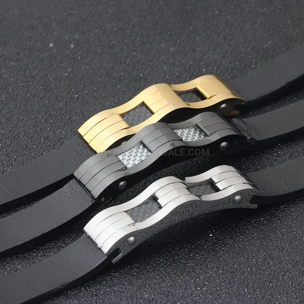 Men's Two-Tone Black Leather Cord Stainless Steel Bracelet