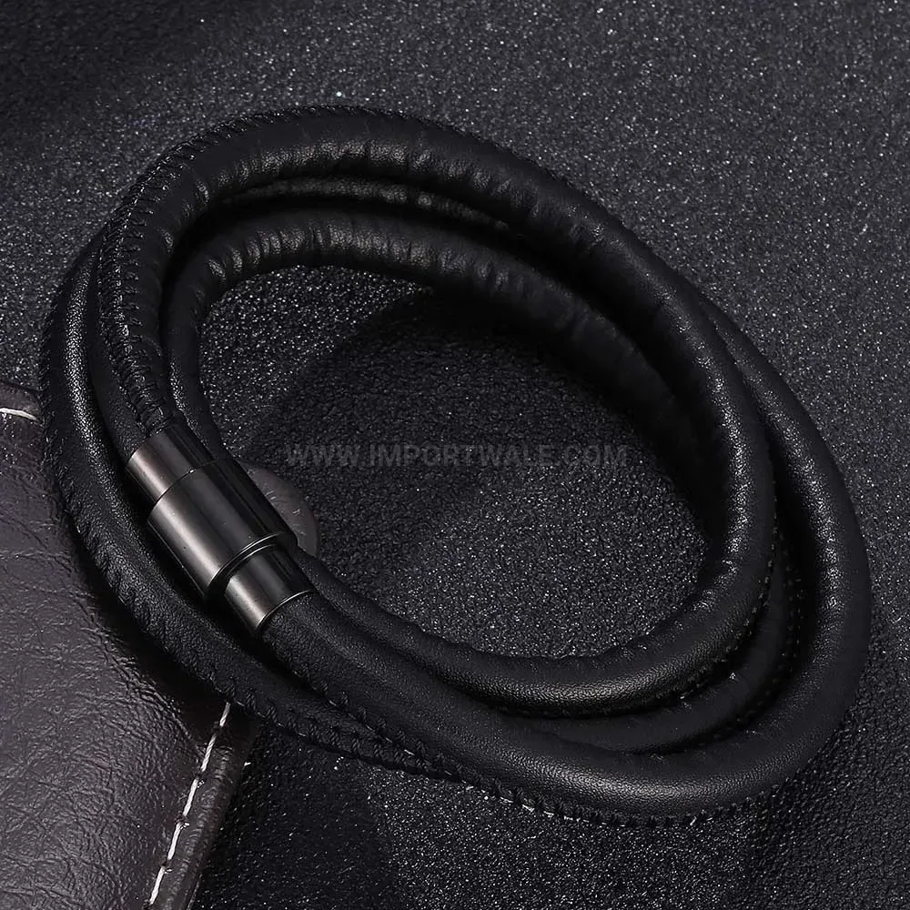 Multi-Layer Black Leather Cord Bracelet with Stainless Steel