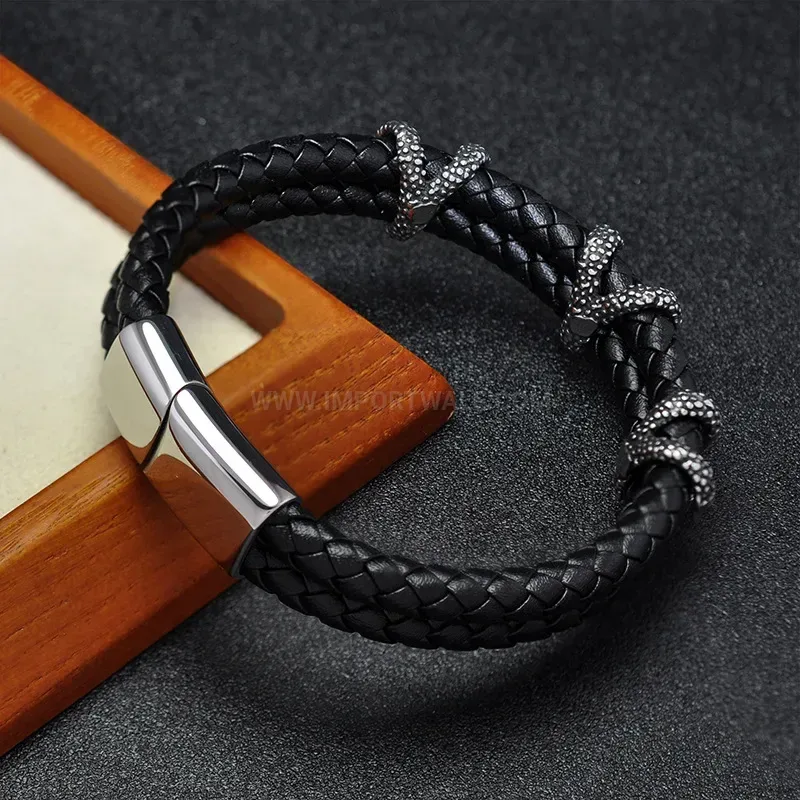 Modern Claw Accent Braided Leather Stainless Steel Men Cuff Bracelet