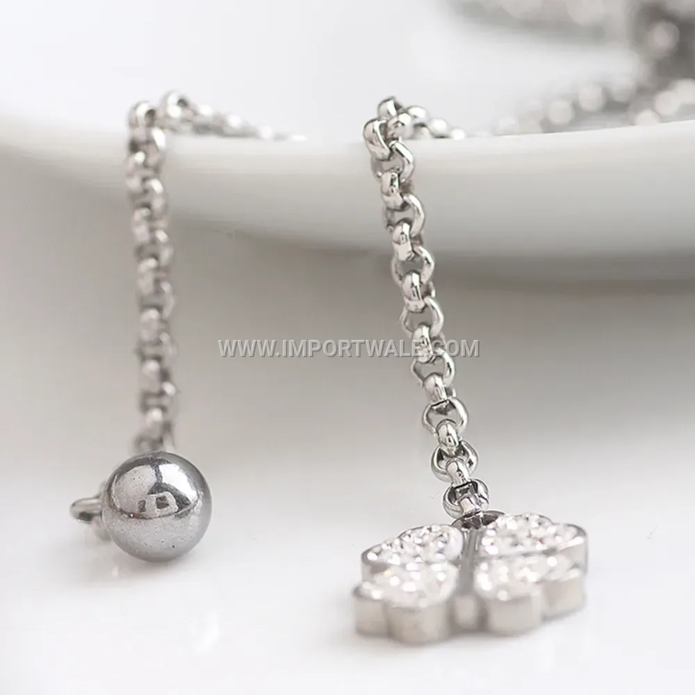 Silver Tone Stainless Steel Rhinestone Heart Clover Long Necklace