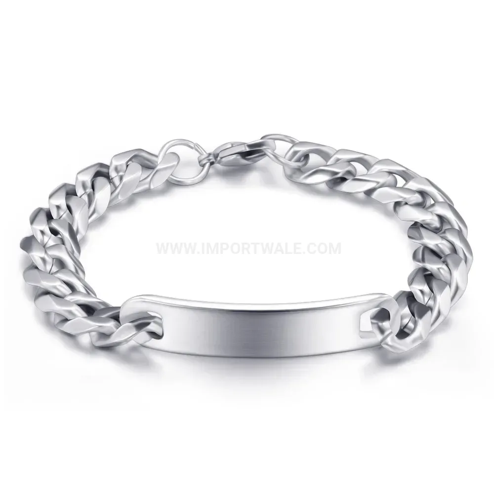Engraved Long Bar Stainless Steel Cuban Chain Bracelet
