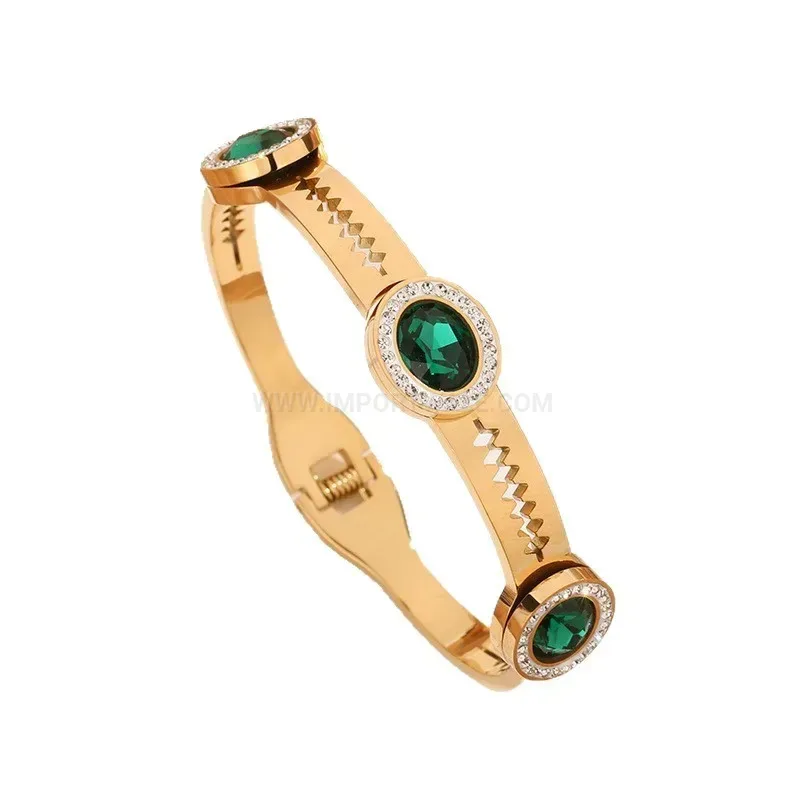 Trendy Green Zircon Cutout Titanium Steel Oval Bangle