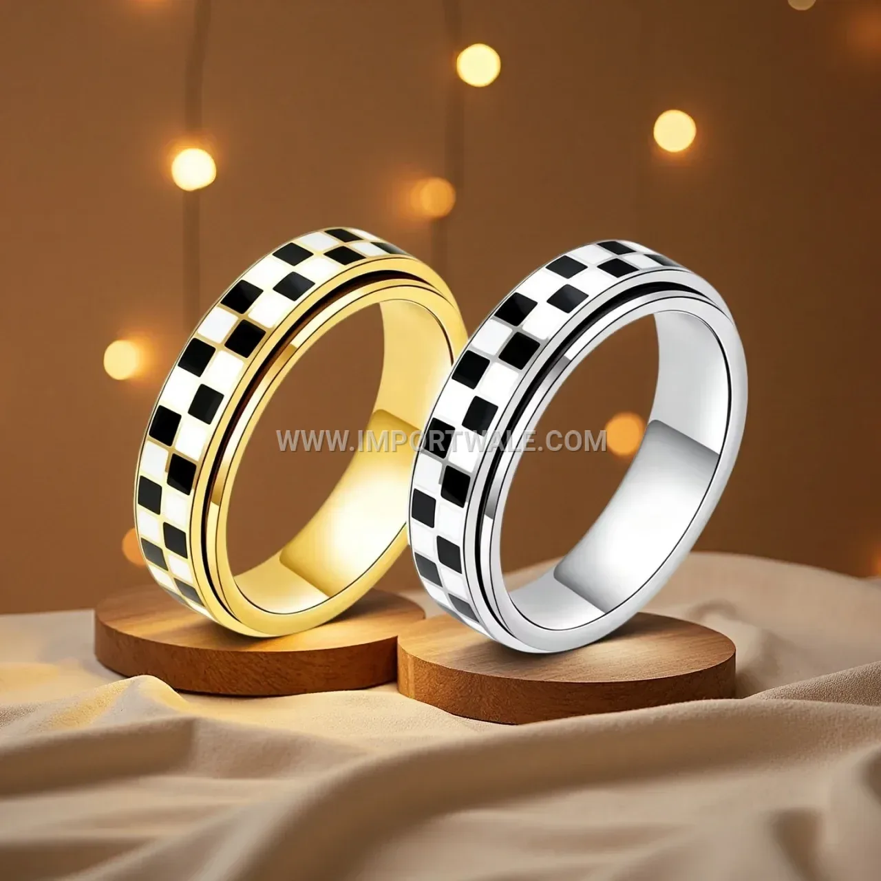 Checkerboard Pattern Rotatable Stainless Steel Band Ring