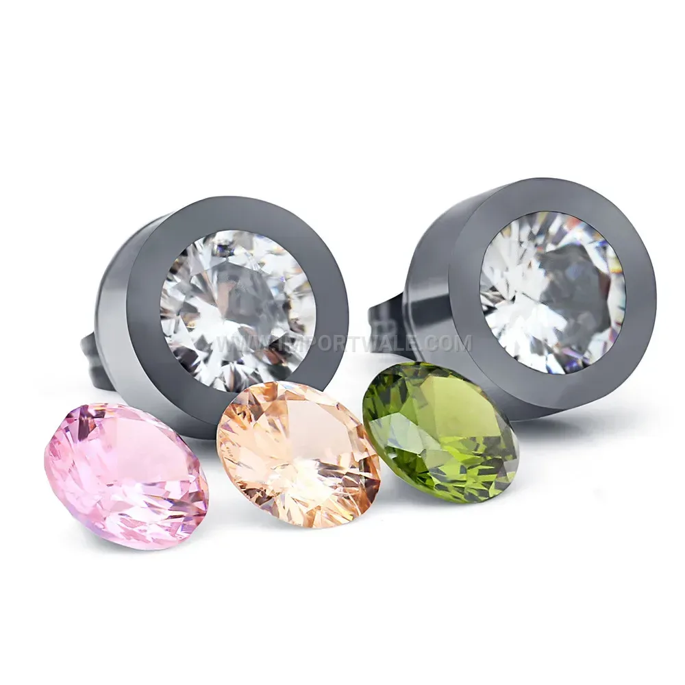 Stainless Steel Detachable Round Stud Earrings with Cubic Zirconia