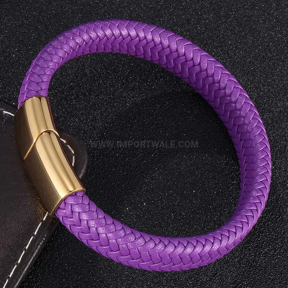 Braided Leather and Stainless Steel Magnetic Wrap Bracelet