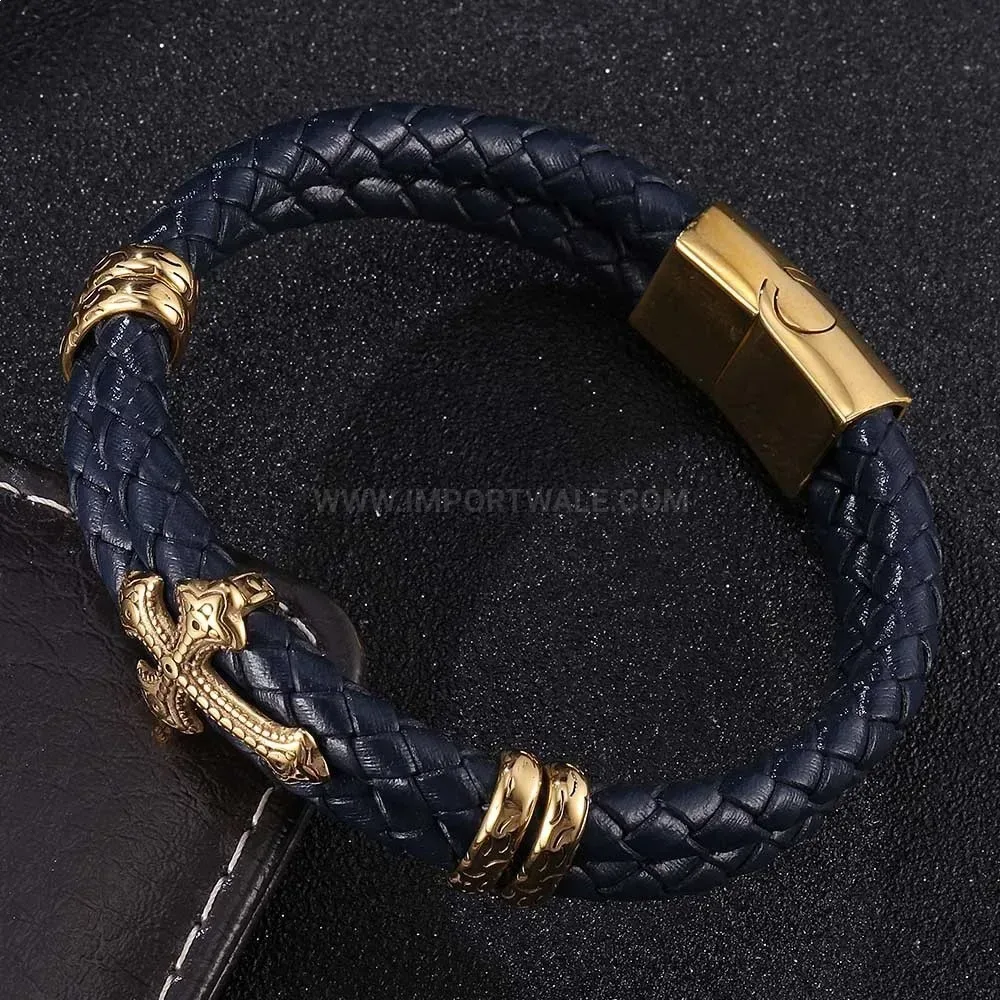 Woven Leather Cross Charm Magnetic Stainless Steel Bracelet