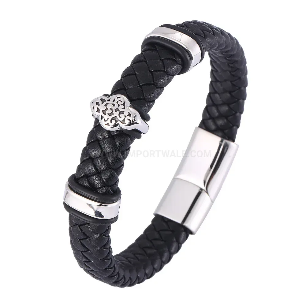 Braided Leather Stainless Steel Floral Accent Wrap Bracelet