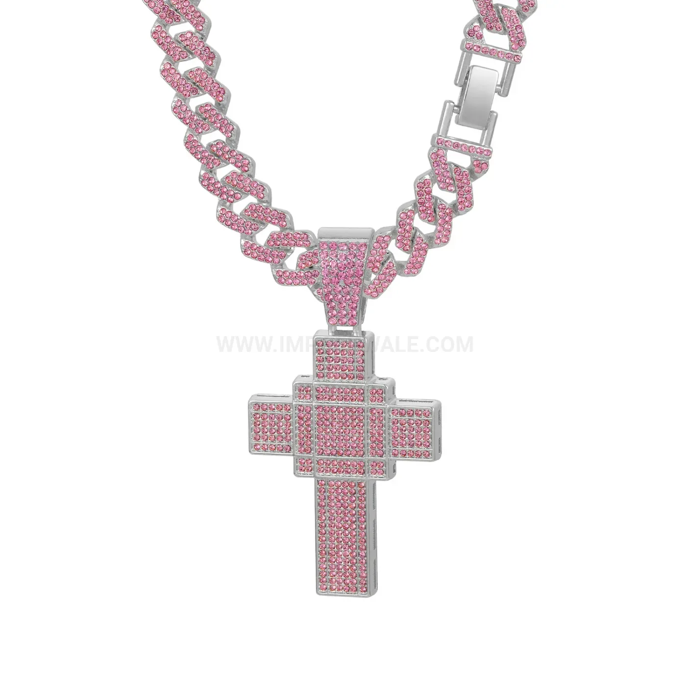 Pink Rhinestone Double Layer Cross Pendant Zinc Alloy Necklace