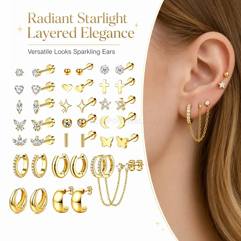 Chic Stainless Steel Star Butterfly Rhinestone Chain Double Piercing Earring Set