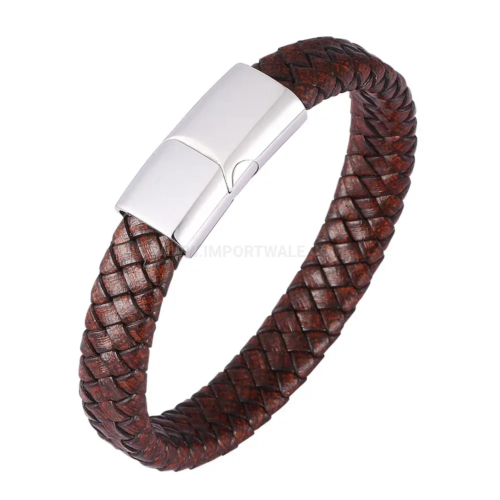 Braided Leather Cuffed Wristband with Stainless Steel Clasp