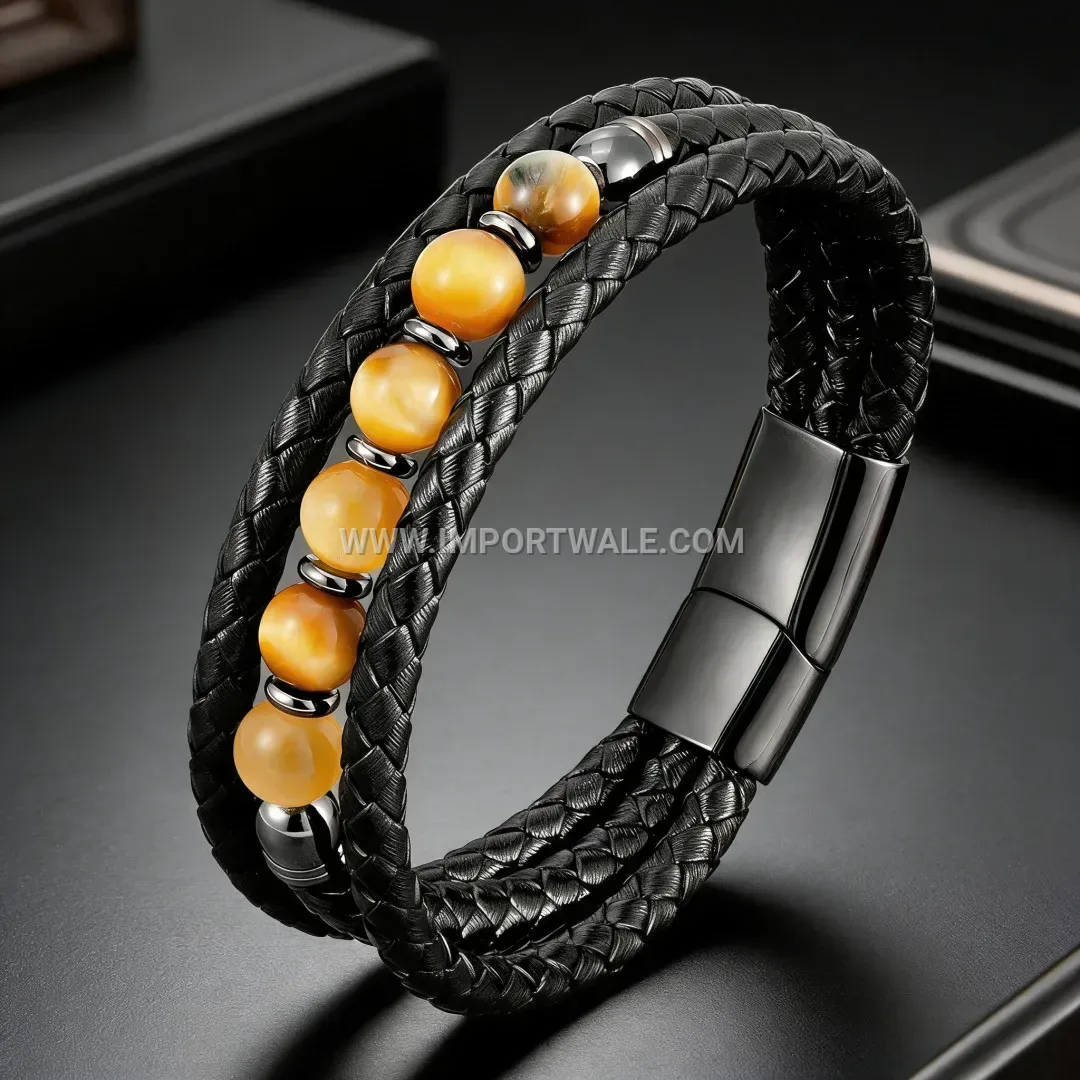 Multilayer Braided Leather Wristband with Natural Stone Beads