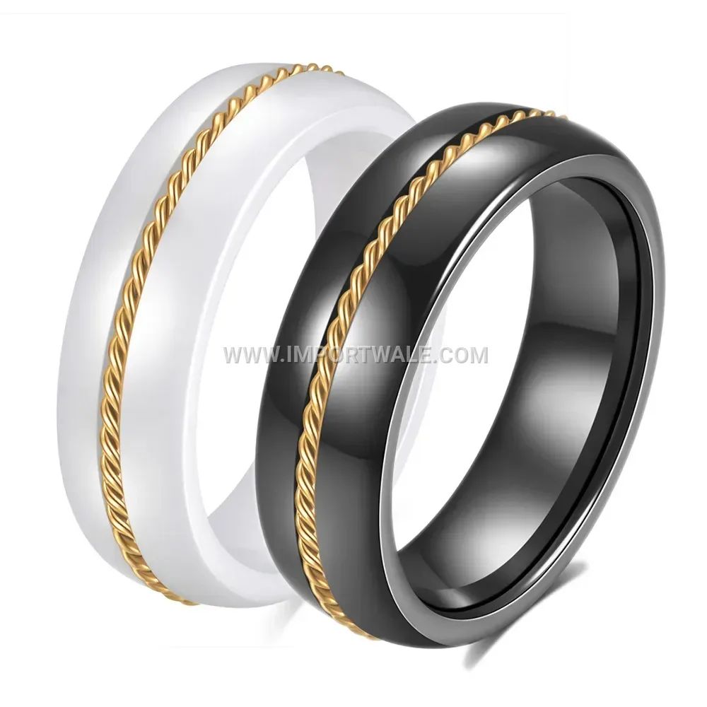 Gold Inlaid Stainless Steel Chain Ceramic 6mm Ring