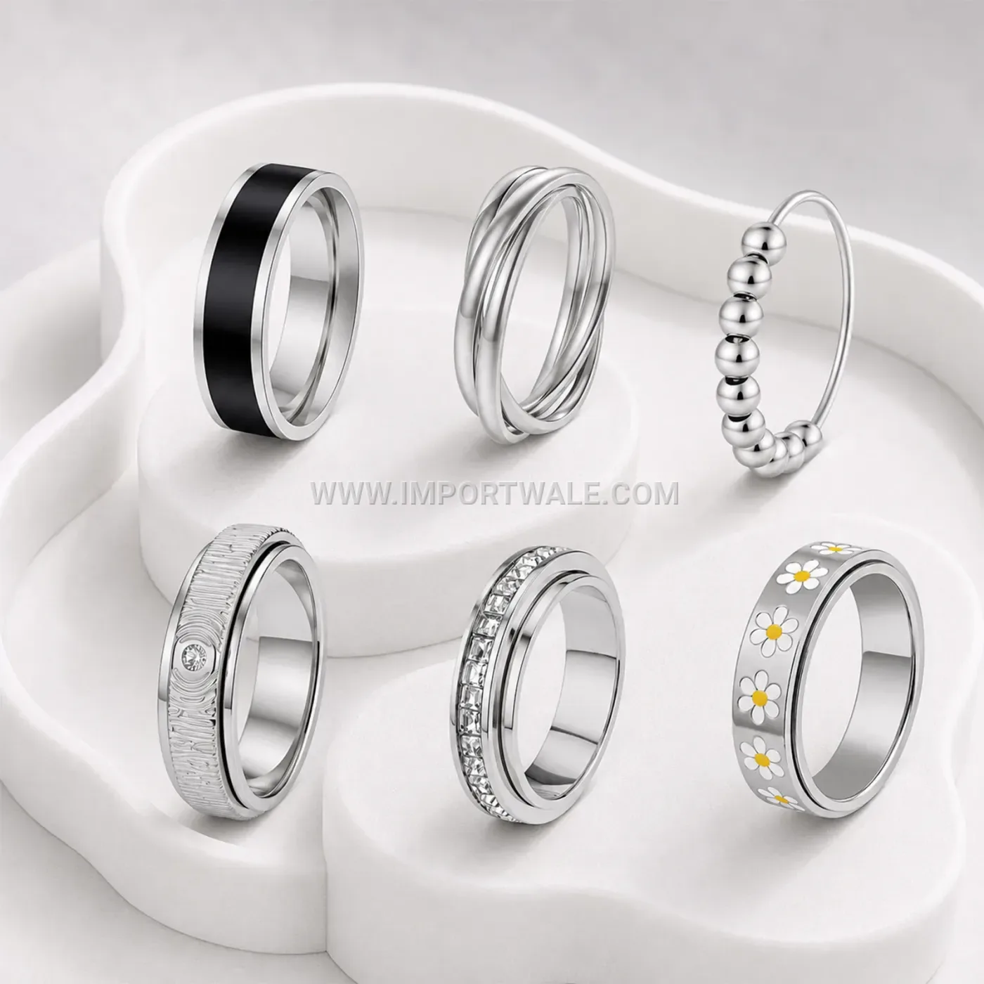 Rotatable Crystal Stainless Steel Stacking Ring Set