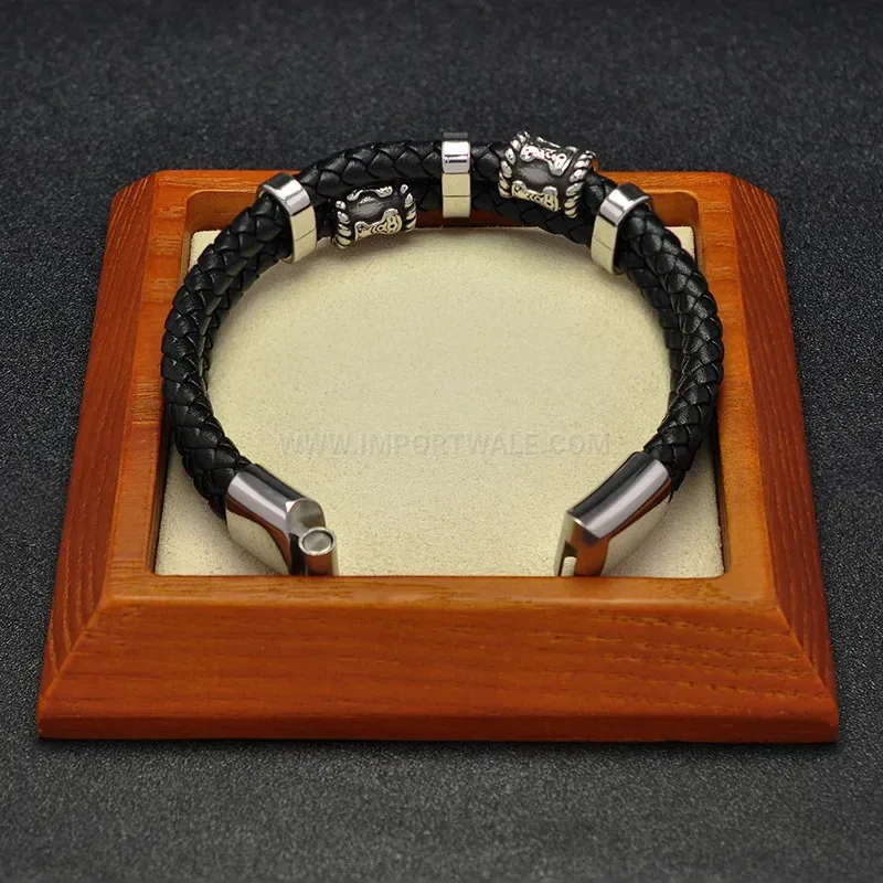 Trendy Vintage Style Stainless Steel Beaded Microfiber Leather Men Bracelet
