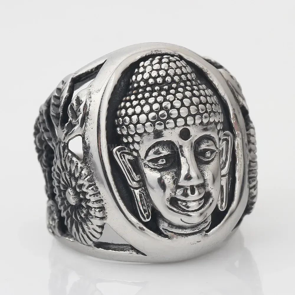 Bold Vintage Antique Stainless Steel Shakyamuni Buddha Face Statement Ring