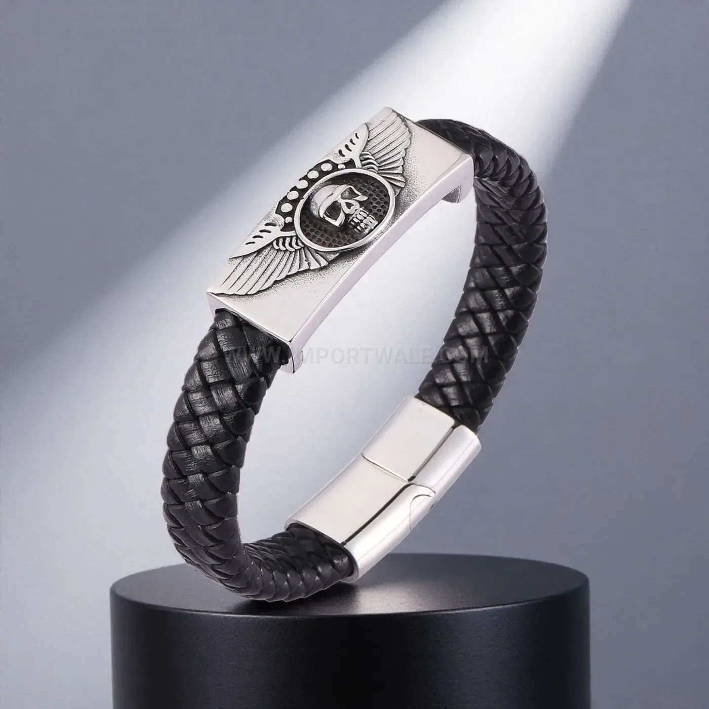 Vintage Skull Stainless Steel Woven Leather Wristband for Men