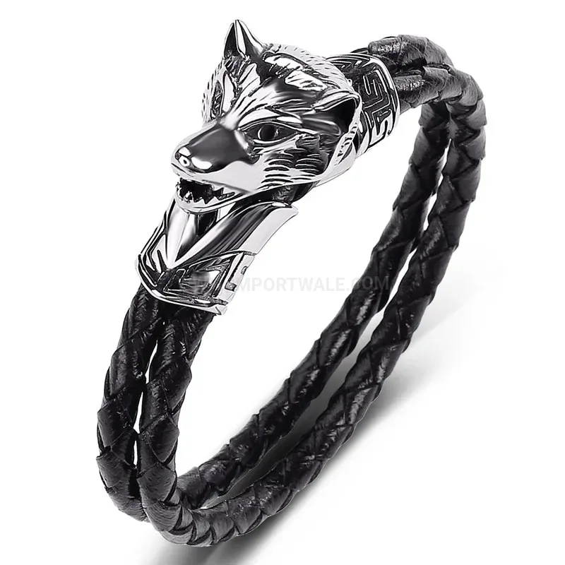 Stylish Punk Style Stainless Steel Wolf Head Men Leather Bracelet