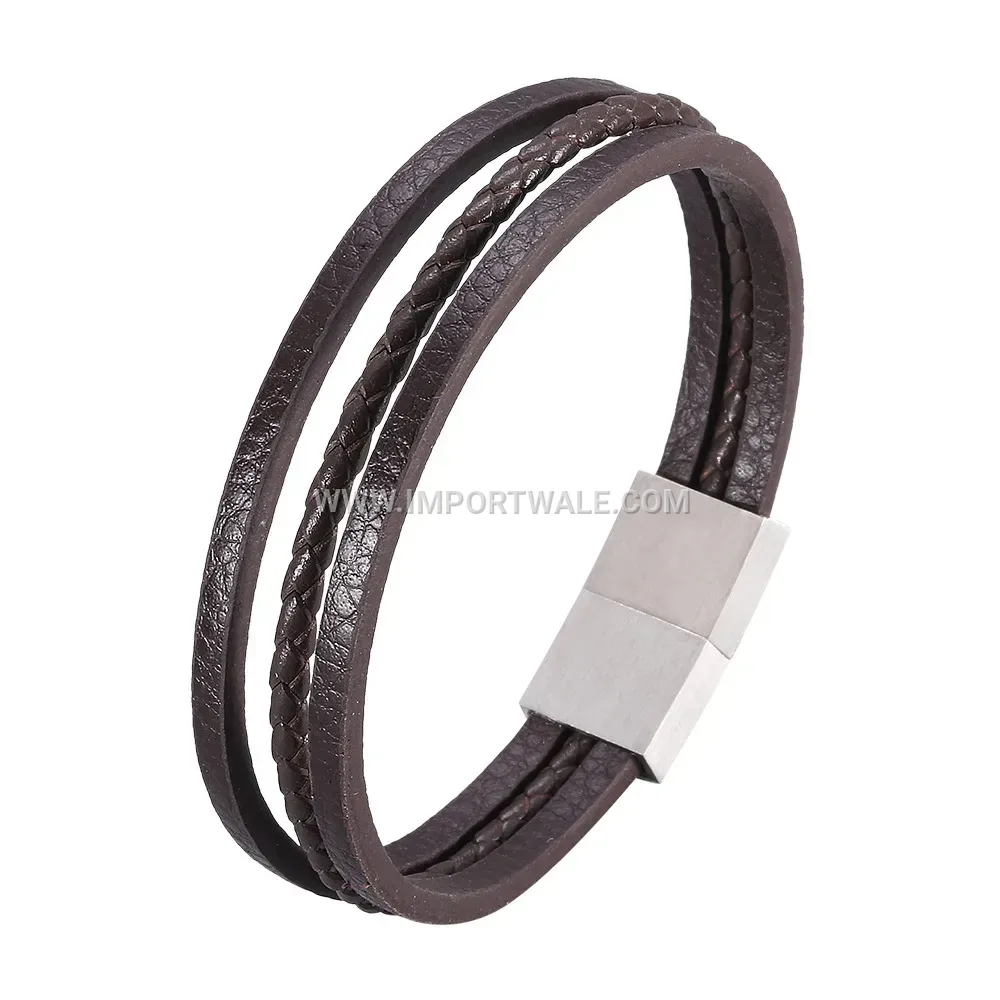Multi Layer Woven Brown Leather Stainless Steel Magnetic Wristband