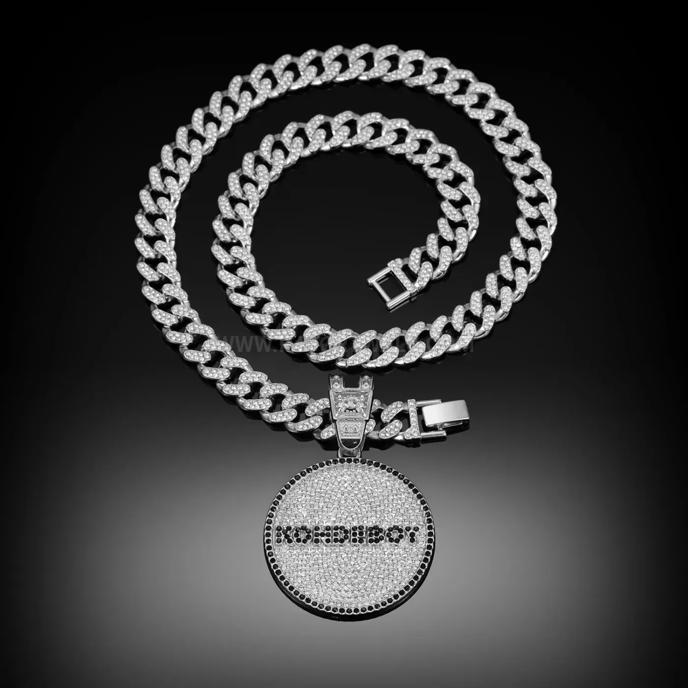 Bold Rhinestone Round Letter Medallion Cuban Chain Necklace