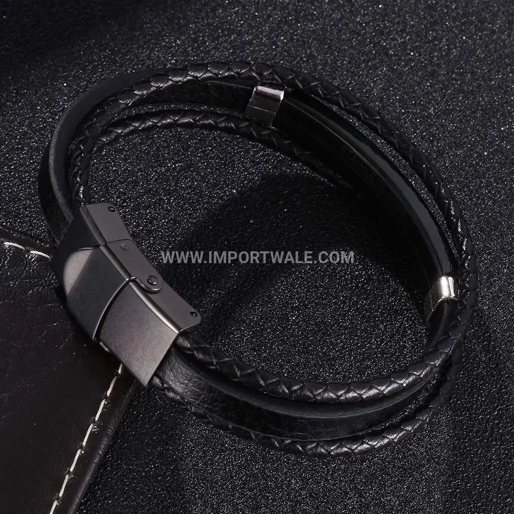 Inlaid Gemstone Multi Strand Braided Leather Stainless Steel Bracelet