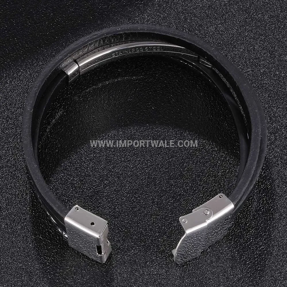 Minimalist Stainless Steel Leather Accent Men Bangle Bracelet