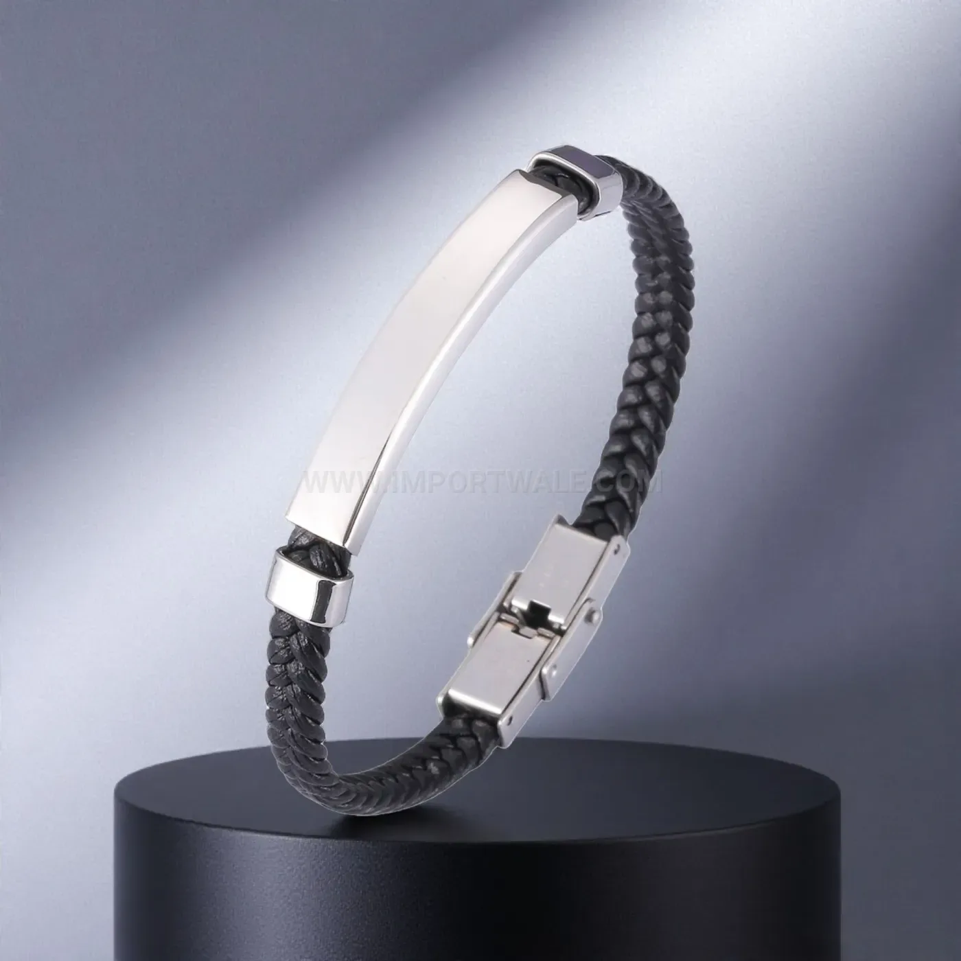 Woven Microfiber Leather Bangle With Plated Stainless Steel Clasp