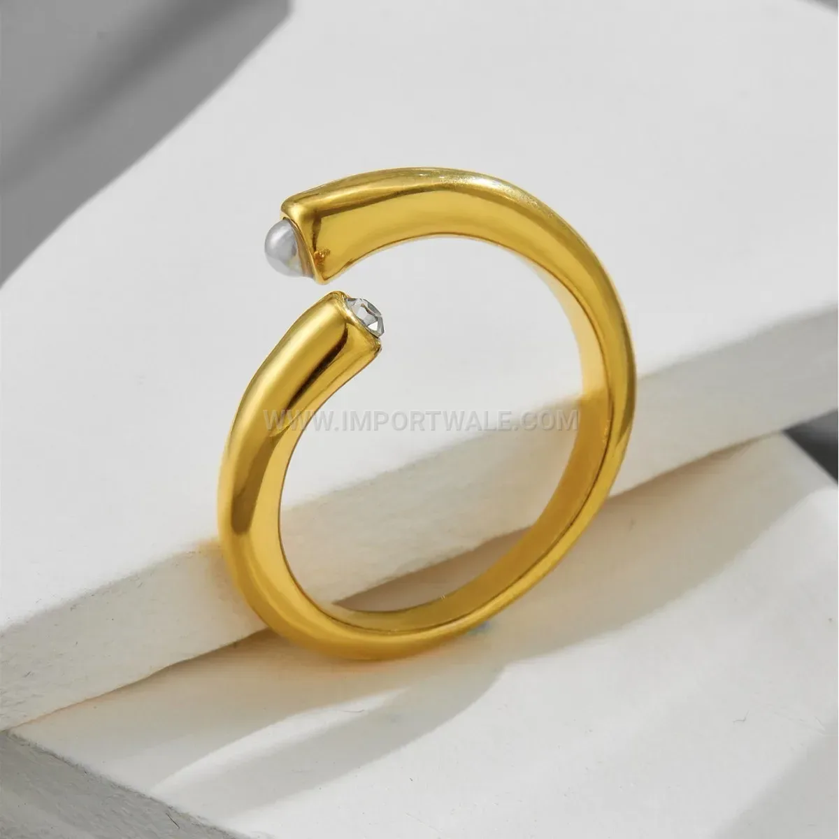 Gold Plated Titanium Steel Pearl and Rhinestone Open Ring