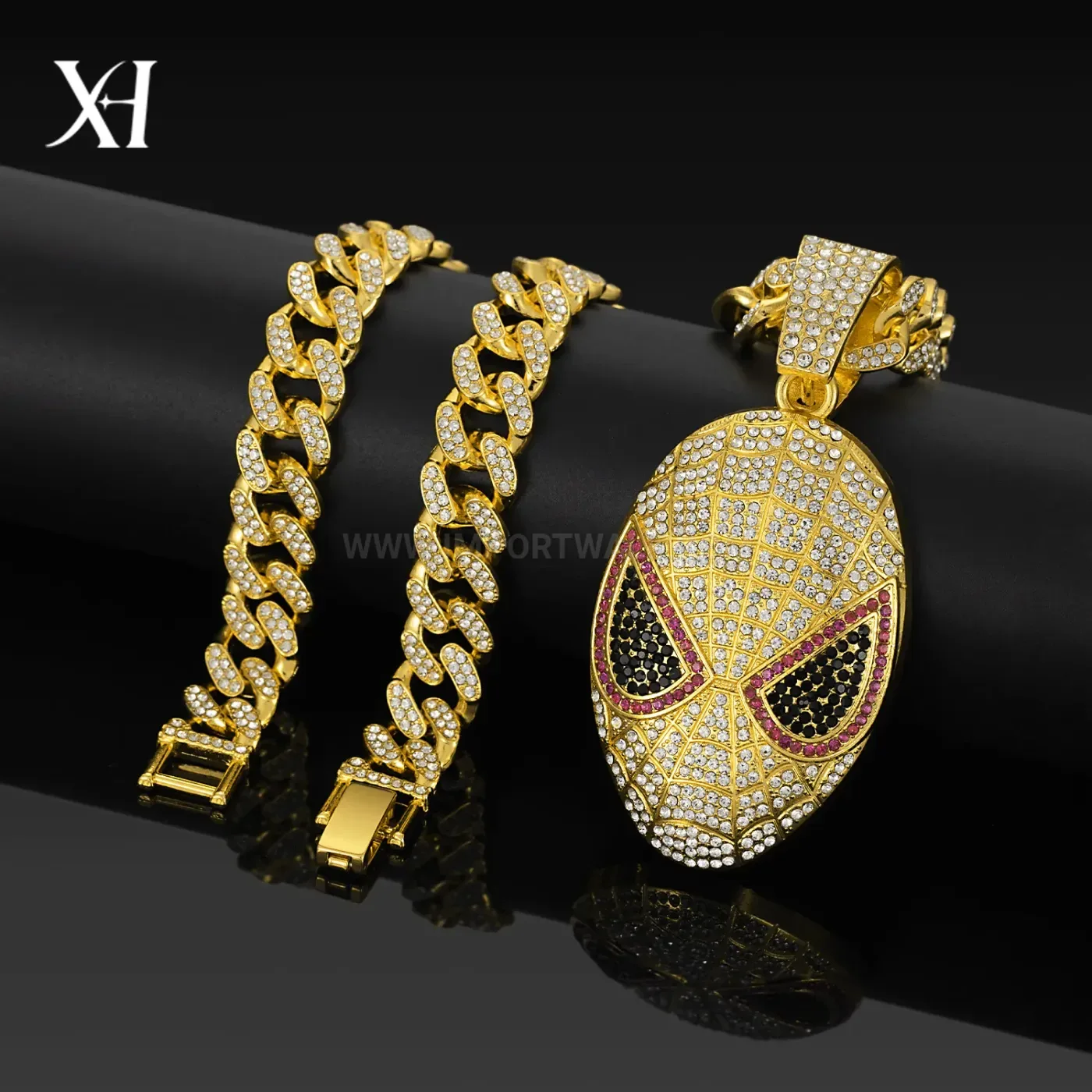 Iced Out Spider Mask Pendant Cuban Chain Necklace