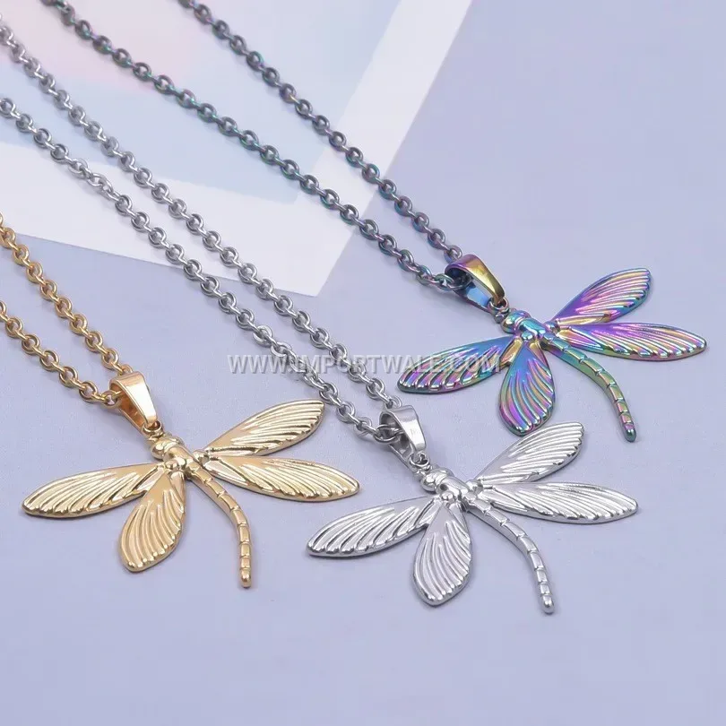 Gold Plated Dragonfly Charm Stainless Steel Pendant Necklace