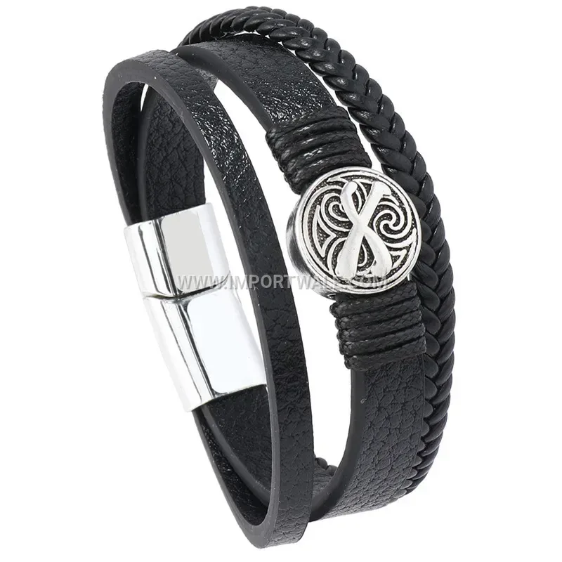 Layered Braided Leather Magnetic Cuff Bracelet for Men