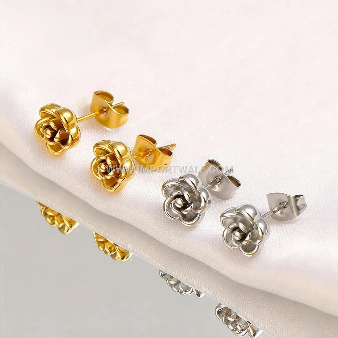 Gold Plated Stainless Steel Rose Flower Stud Earrings