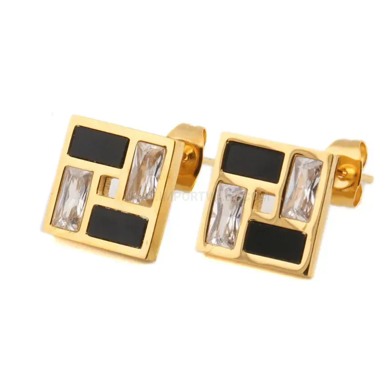 Fashion Checkerboard Square Epoxy Resin Zircon Stainless Steel Stud Earrings