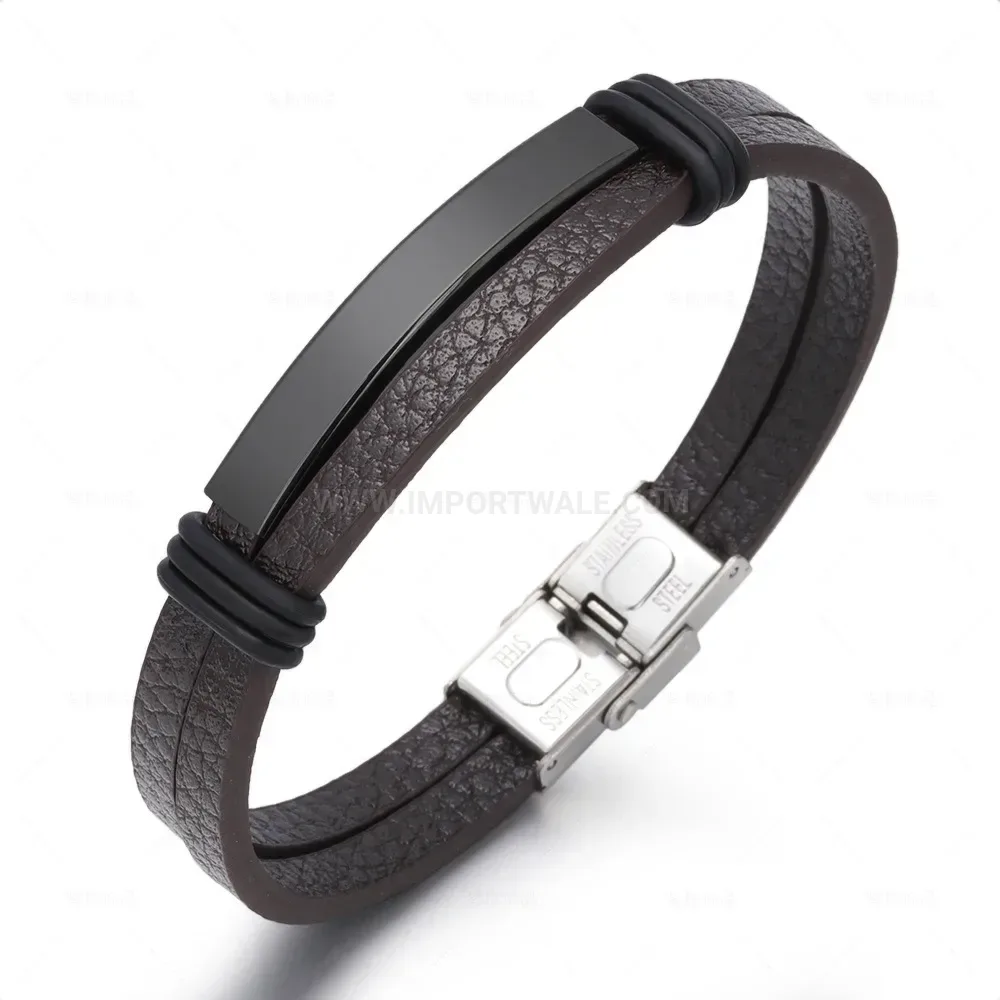 Trendy Braided Leather And Stainless Steel Tube Cuff Bracelet