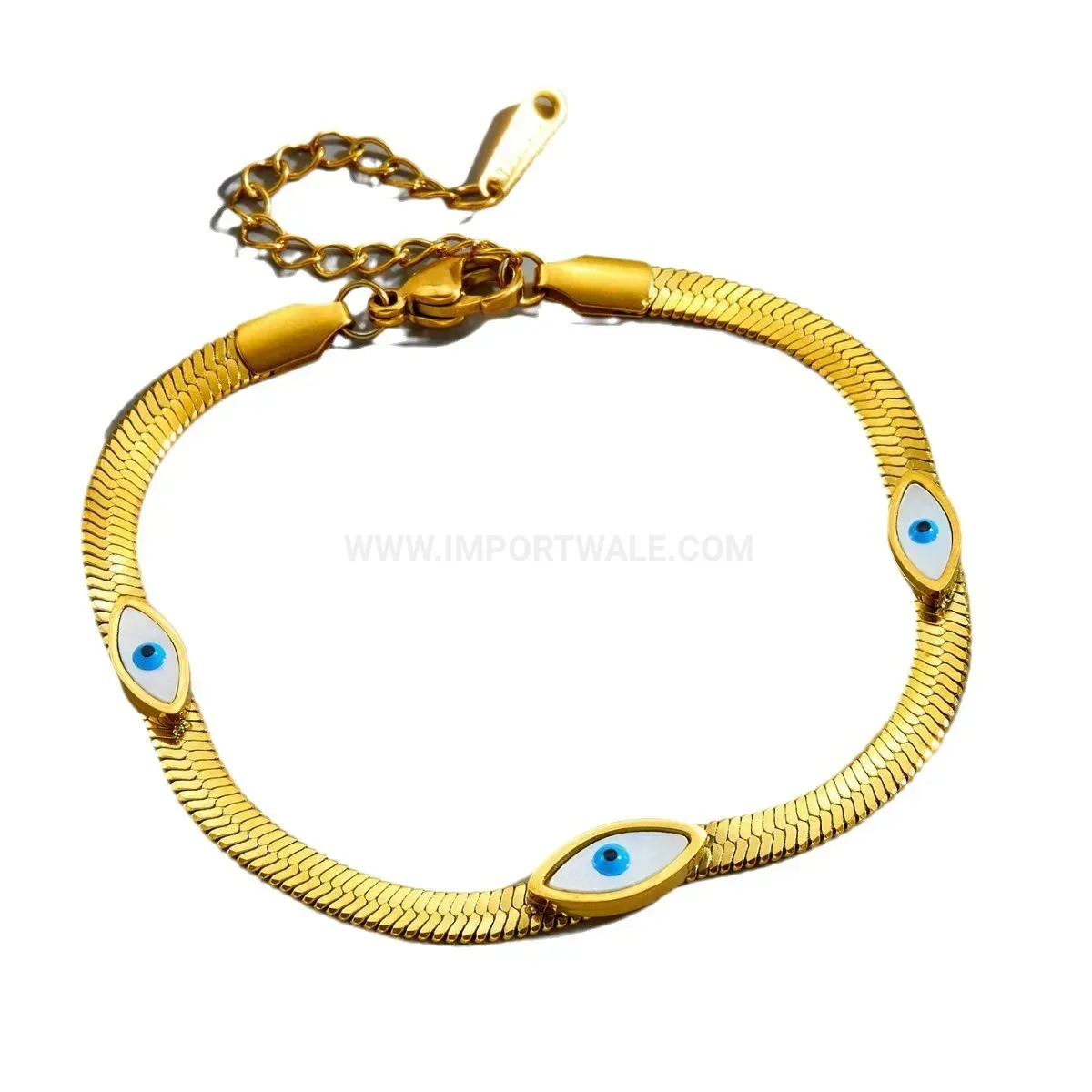 Gold Plated Stainless Steel Snake Chain Evil Eye Accent Bracelet
