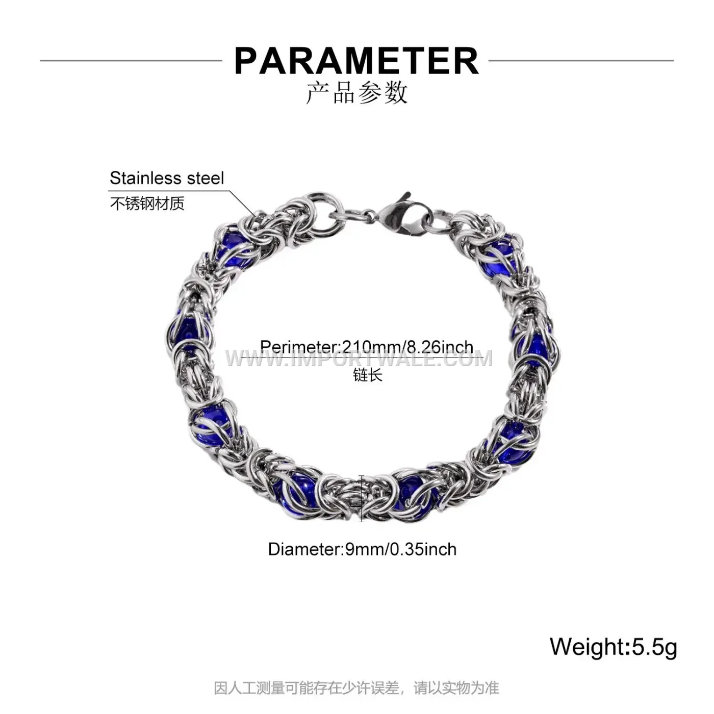 Stainless Steel Blue Zircon Link Bracelet