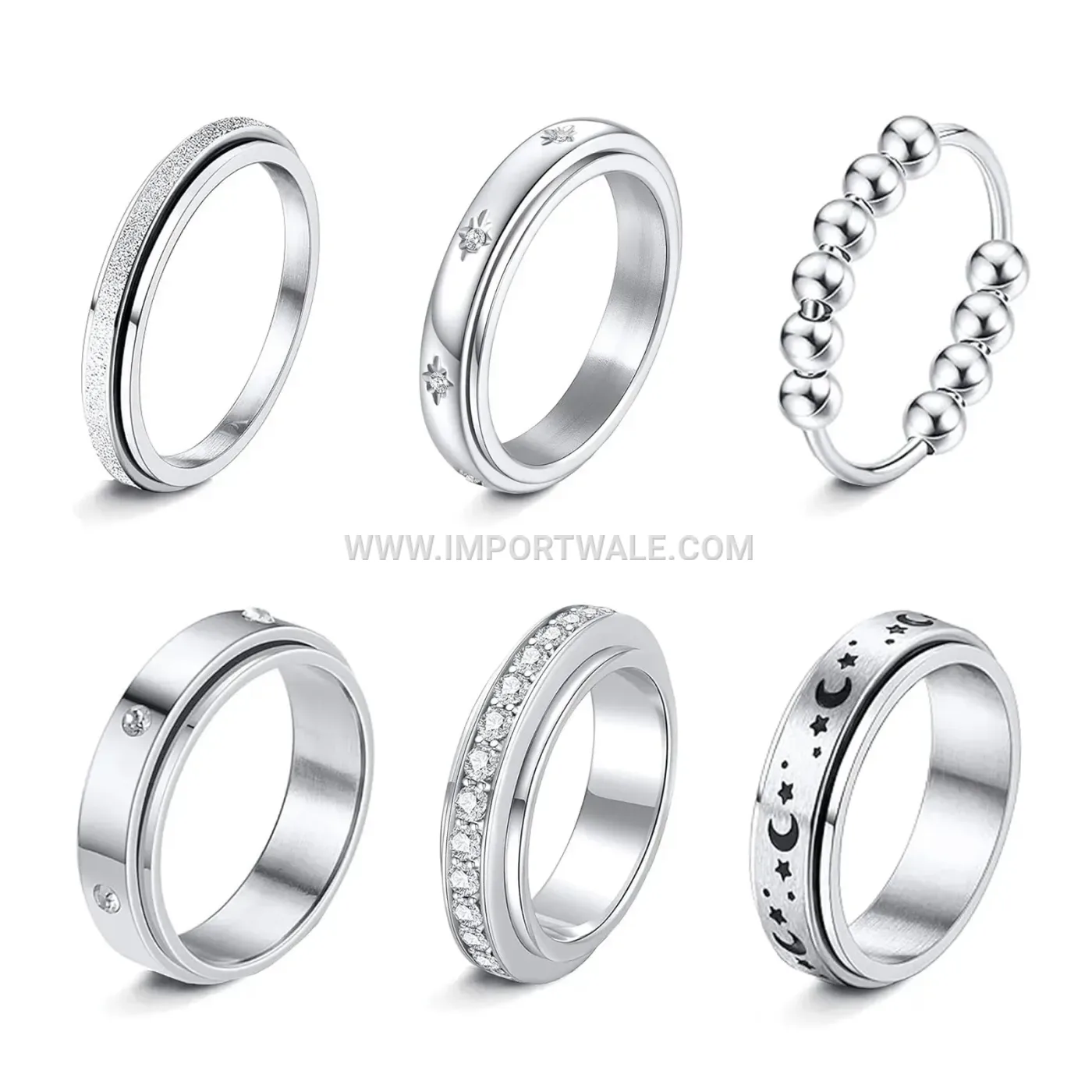 Frosted Rhinestone Celestial Spinner Band Ring in Stainless Steel
